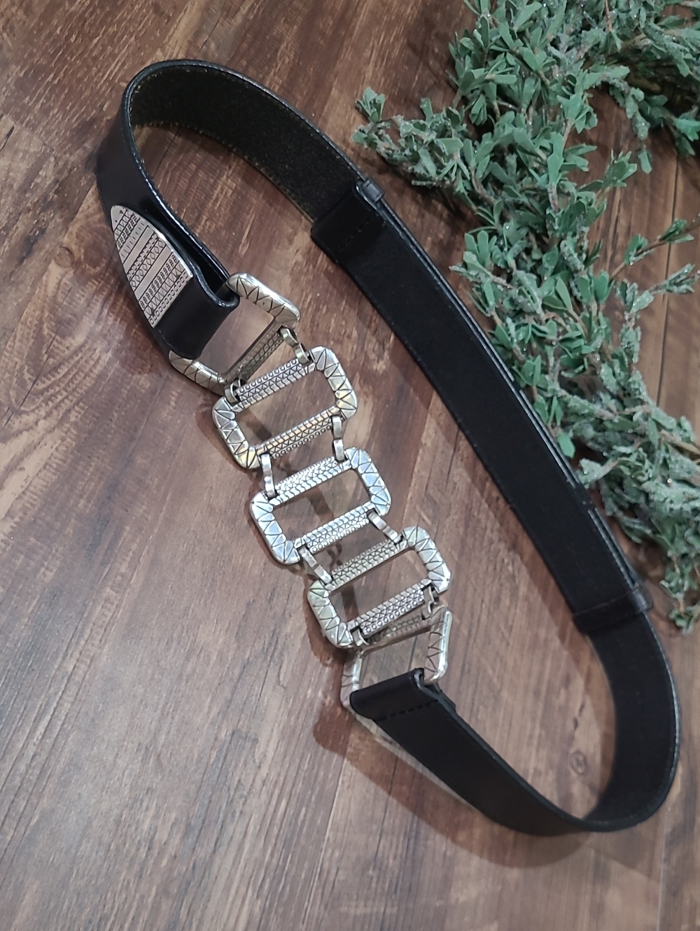 Black Leather Women's Belt with Silver Buckle Accents Large/XL